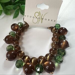 Studio Works Beaded Emerald Green Brown Boho Stretch Bracelet NWT
